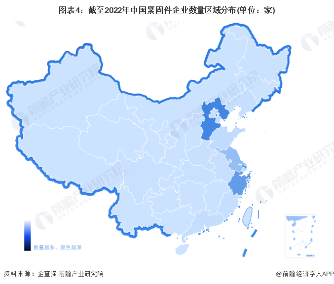 图表4：截至2022年中国紧固件企业数量区域分布(单位：家)