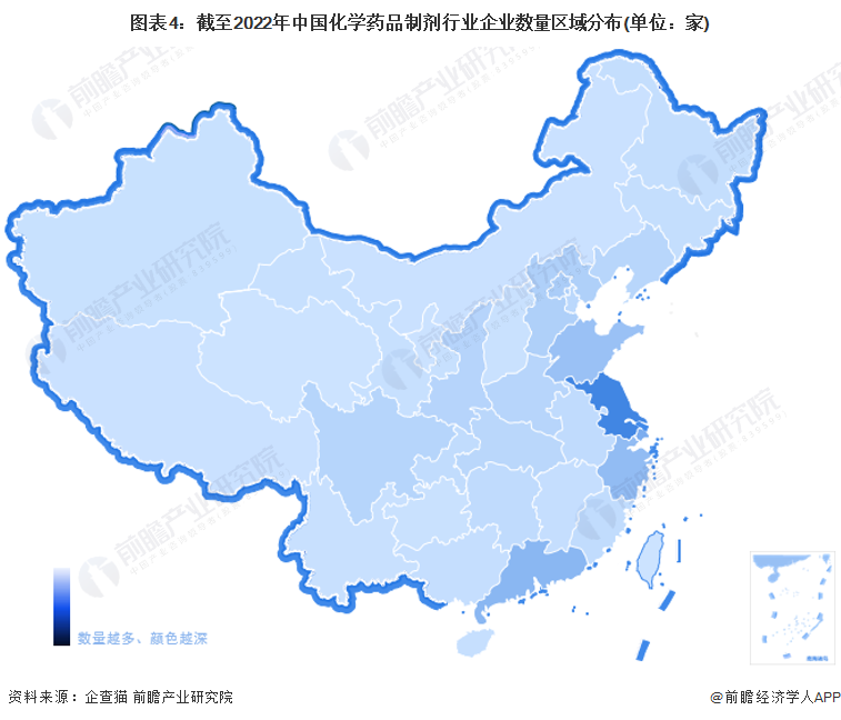 图表4：截至2022年中国化学药品制剂行业企业数量区域分布(单位：家)