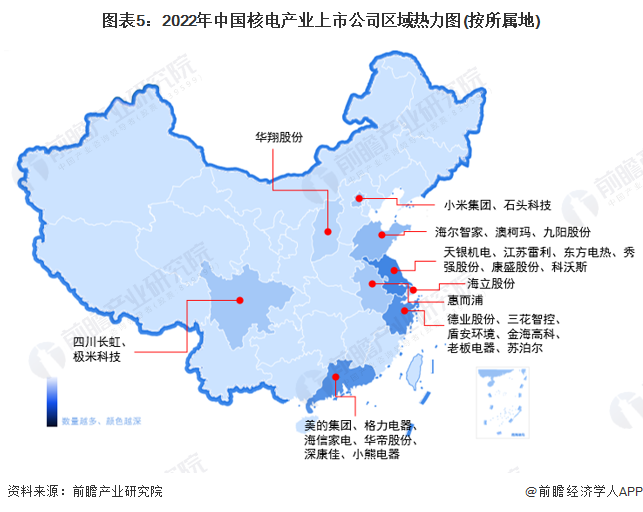 图表5：2022年中国核电产业上市公司区域热力图(按所属地)