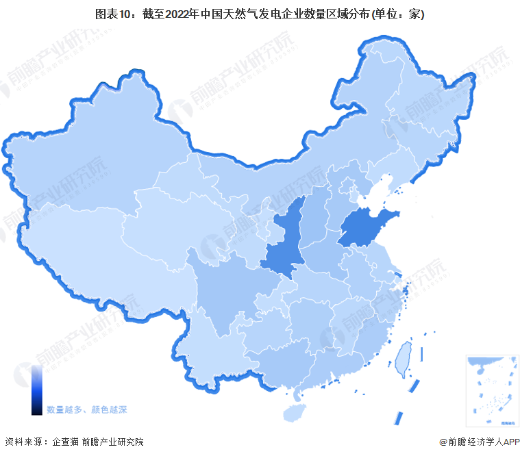 图表10：截至2022年中国天然气发电企业数量区域分布(单位：家)
