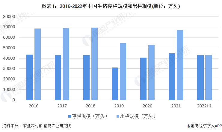 图表1：2016-2022年中国生猪存栏规模和出栏规模(单位：万头)