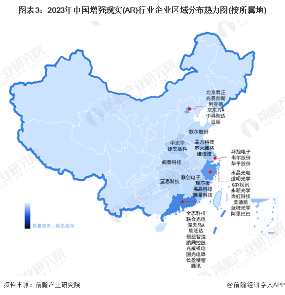 图表3：2023年中国增强现实(AR)行业企业区域分布热力图(按所属地)