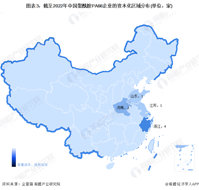 图表3：截至2022年中国聚酰胺PA66企业的资本化区域分布(单位：家)