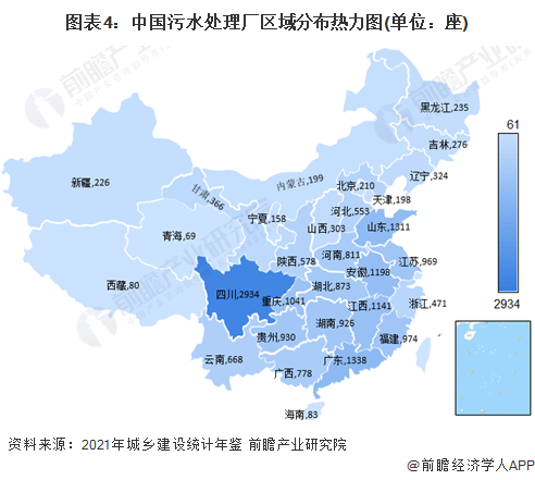 图表4：中国污水处理厂区域分布热力图(单位：座)