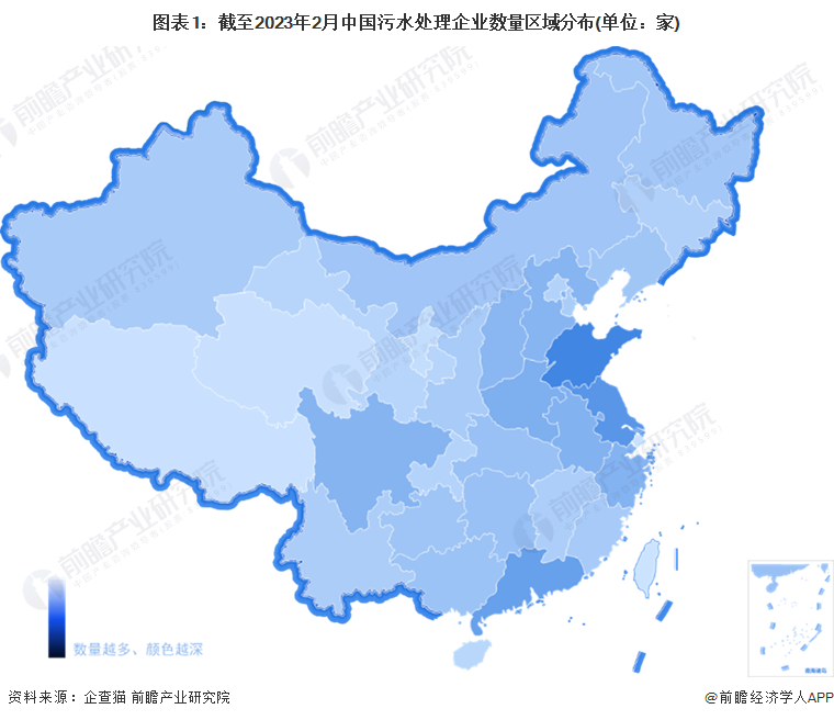 图表1：截至2023年2月中国污水处理企业数量区域分布(单位：家)