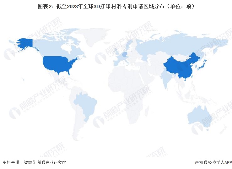 图表2：截至2023年全球3D打印材料专利申请区域分布（单位：项）