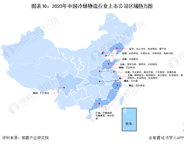 图表16：2023年中国冷链物流行业上市公司区域热力图