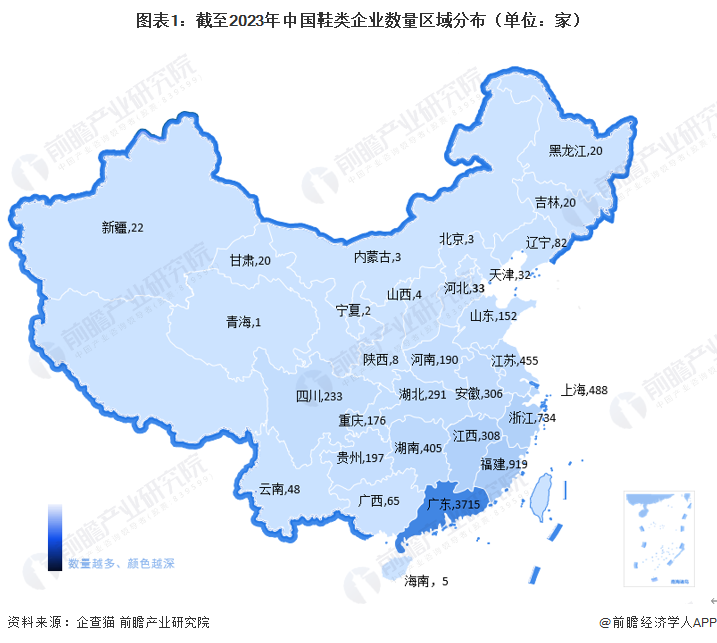 图表1：截至2023年中国鞋类企业数量区域分布（单位：家）