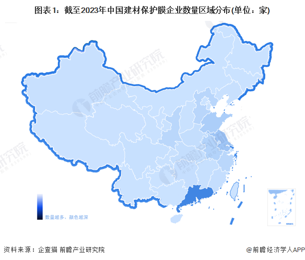 图表1：截至2023年中国建材保护膜企业数量区域分布(单位：家)