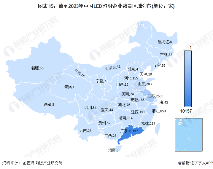 图表15：截至2023年中国LED照明企业数量区域分布(单位：家)