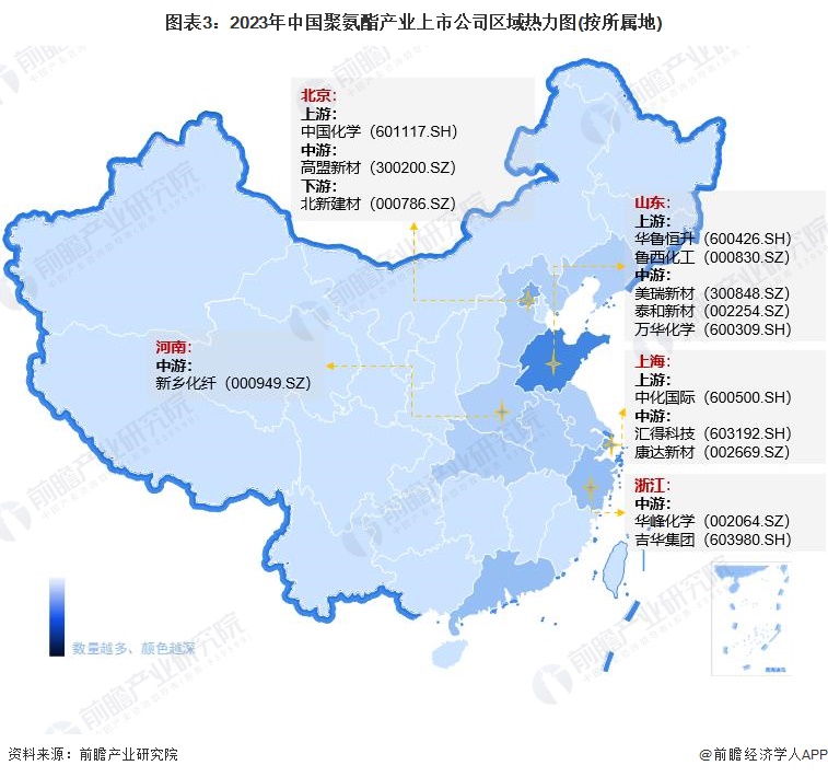 图表3：2023年中国聚氨酯产业上市公司区域热力图(按所属地)