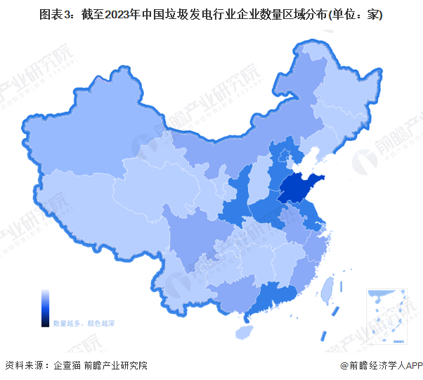圖表3：截至2023年中國垃圾發電行業企業數量區域分布(單位：家)
