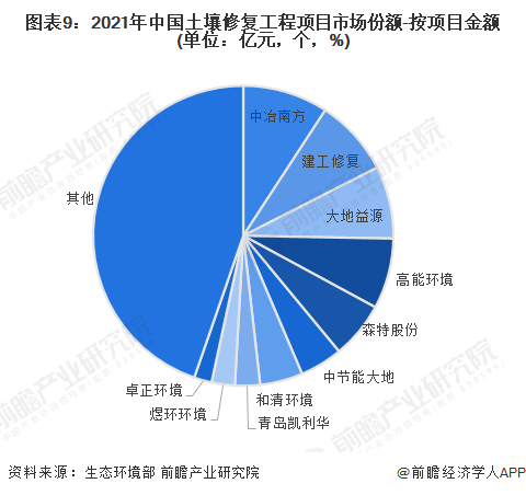 圖表9：2021年中國土壤修復工程項目市場份額-按項目金額(單位：億元，個，%)