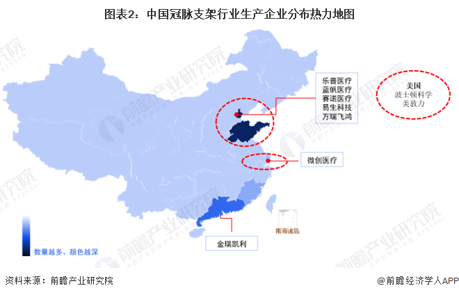 图表2：中国冠脉支架行业生产企业分布热力地图