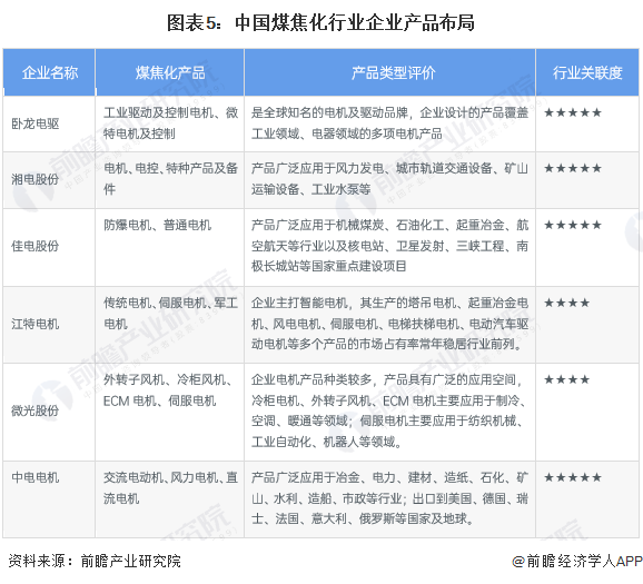 图表5：中国煤焦化行业企业产品布局