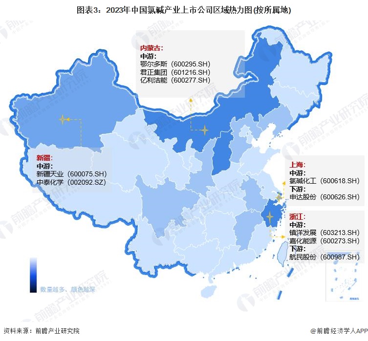 图表3：2023年中国氯碱产业上市公司区域热力图(按所属地)
