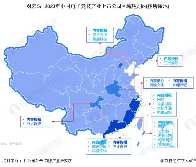 圖表5：2023年中國電子競技產(chǎn)業(yè)上市公司區(qū)域熱力圖(按所屬地)