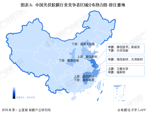 图表3：中国光伏胶膜行业竞争者区域分布热力图-按注册地