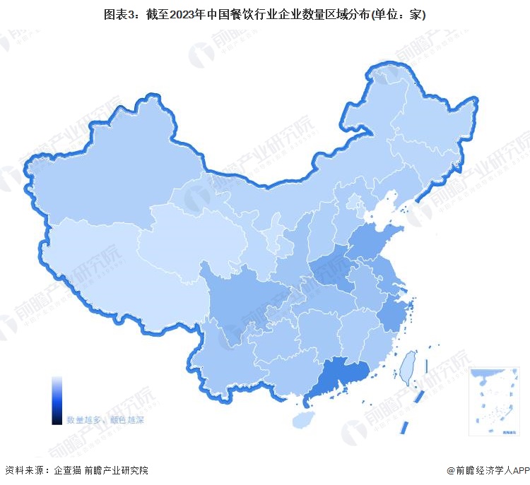 图表3：截至2023年中国餐饮行业企业数量区域分布(单位：家)