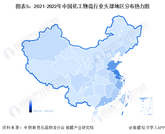 图表5：2021-2022年中国化工物流行业头部地区分布热力图