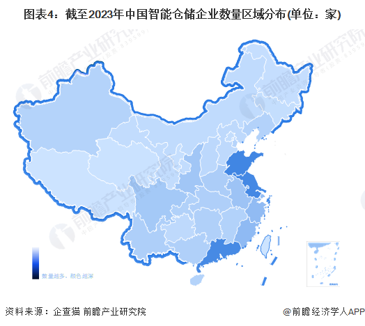 图表4：截至2023年中国智能仓储企业数量区域分布(单位：家)