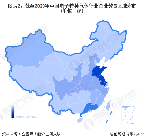 图表2：截至2023年中国电子特种气体行业企业数量区域分布(单位：家)