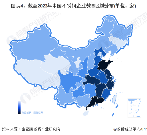 图表4：截至2023年中国不锈钢企业数量区域分布(单位：家)