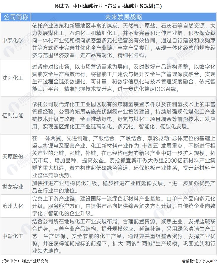 图表7：中国烧碱行业上市公司-烧碱业务规划(二)