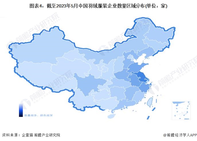 图表4：截至2023年5月中国羽绒服装企业数量区域分布(单位：家)