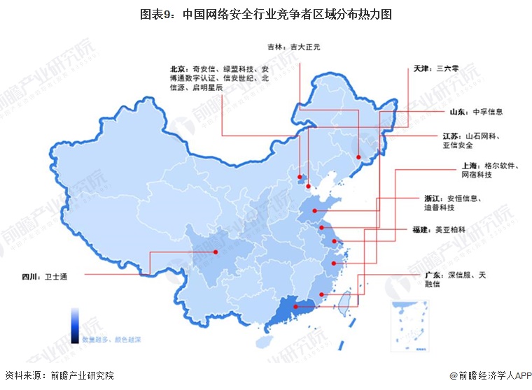 图表9：中国网络安全行业竞争者区域分布热力图