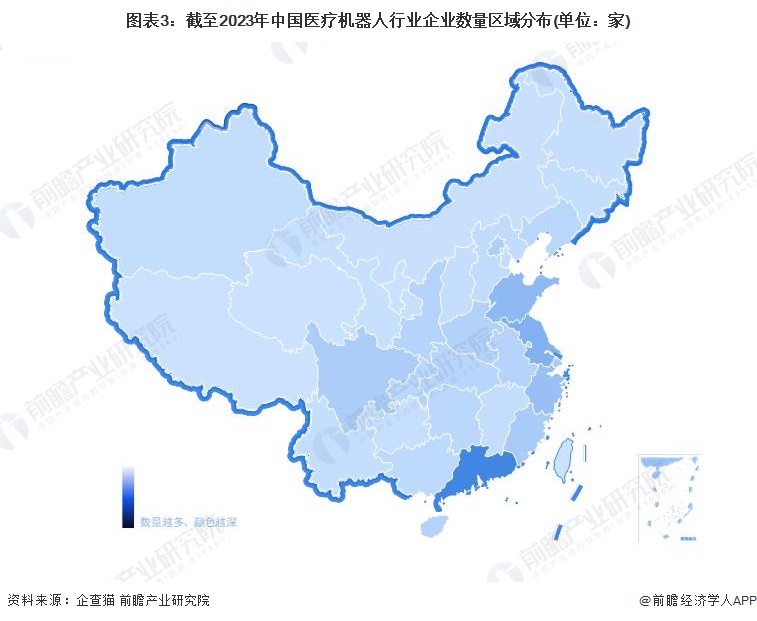 图表3：截至2023年中国医疗机器人行业企业数量区域分布(单位：家)