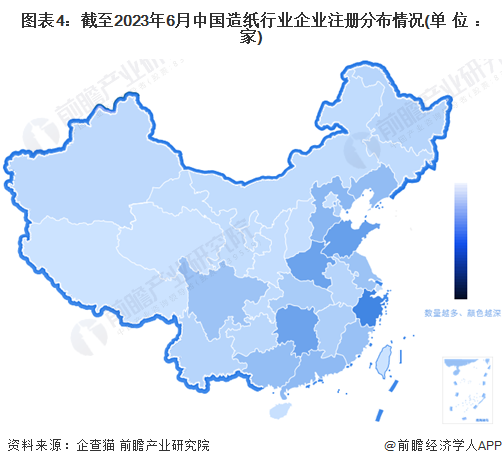 图表4：截至2023年6月中国造纸行业企业注册分布情况(单位：家)