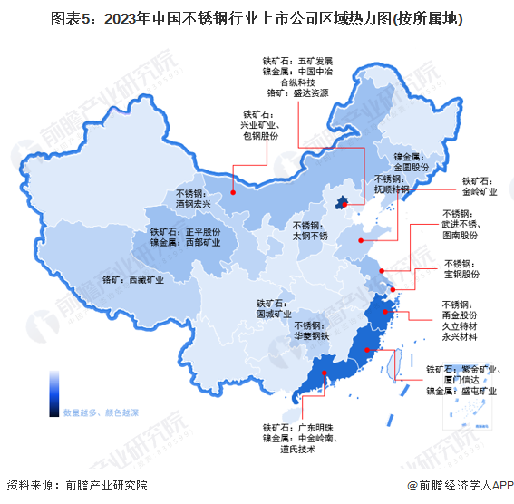 图表5：2023年中国不锈钢行业上市公司区域热力图(按所属地)