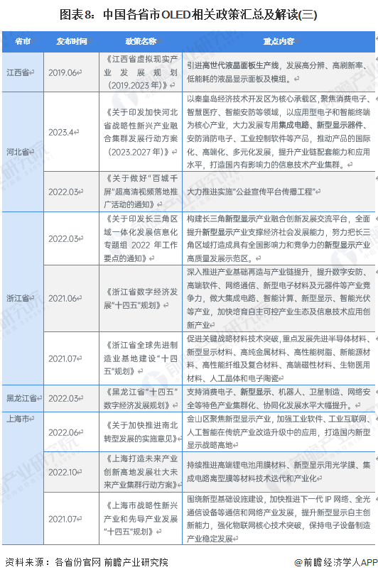 图表8：中国各省市OLED相关政策汇总及解读(三)
