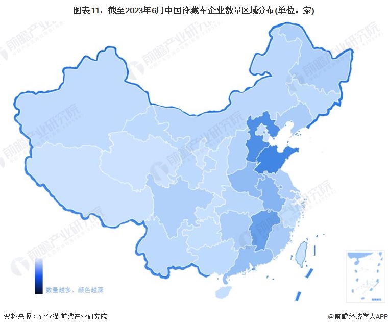 图表11：截至2023年6月中国冷藏车企业数量区域分布(单位：家)