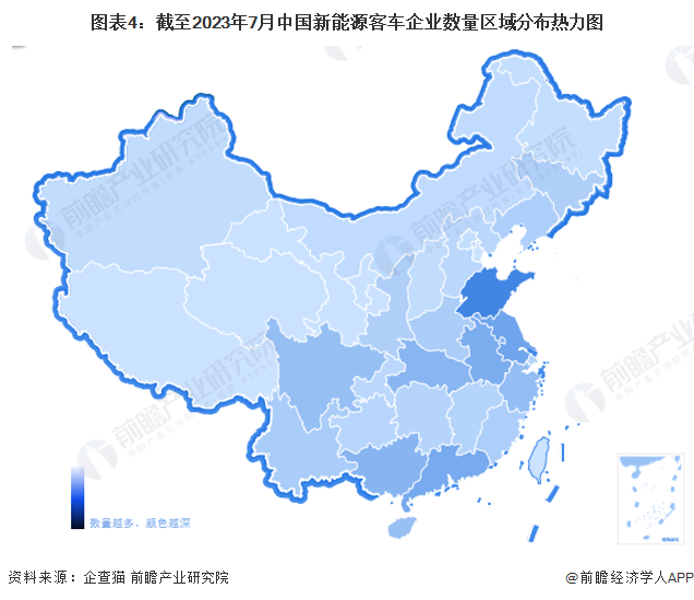 图表4：截至2023年7月中国新能源客车企业数量区域分布热力图