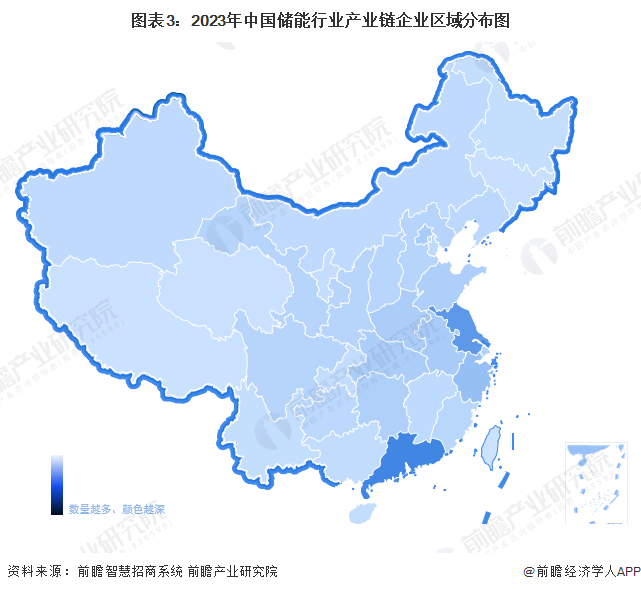 圖表3：2023年中國儲(chǔ)能行業(yè)產(chǎn)業(yè)鏈企業(yè)區(qū)域分布圖