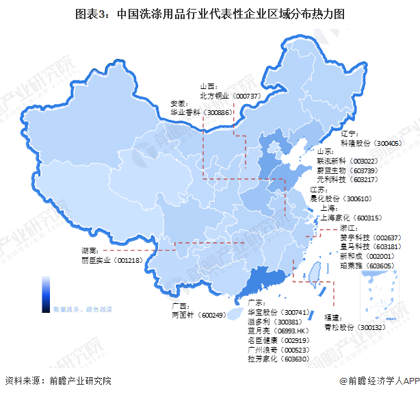 图表3：中国洗涤用品行业代表性企业区域分布热力图