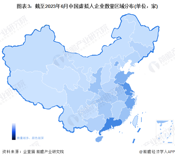 图表3：截至2023年6月中国虚拟人企业数量区域分布(单位：家)