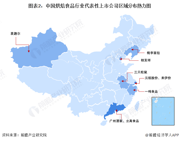 图表2：中国烘焙食品行业代表性上市公司区域分布热力图