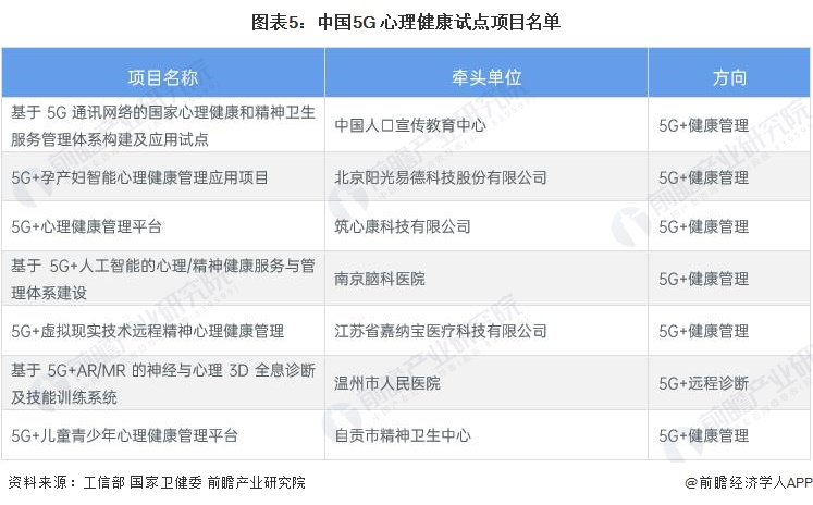 图表5：中国5G+心理健康试点项目名单