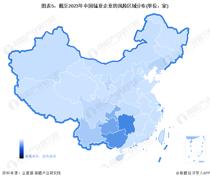 图表5：截至2023年中国锰业企业的风险区域分布(单位：家)