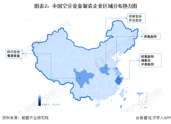 图表2：中国空分设备制造企业区域分布热力图
