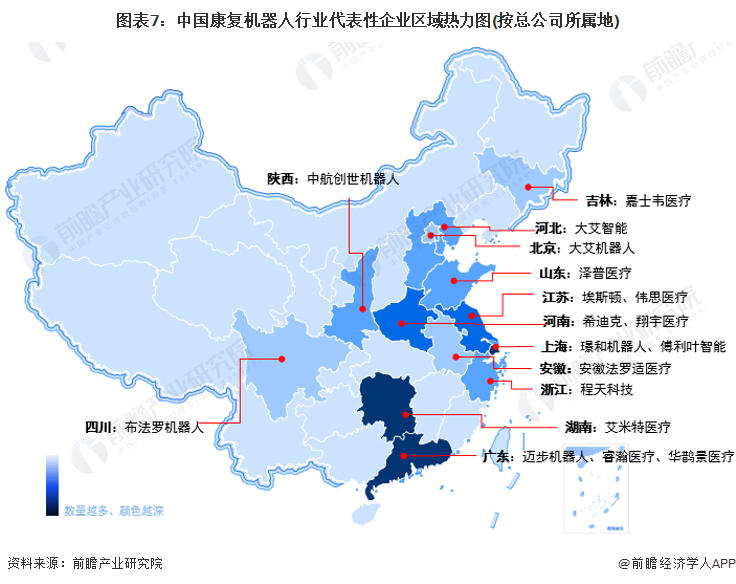 图表7：中国康复机器人行业代表性企业区域热力图(按总公司所属地)