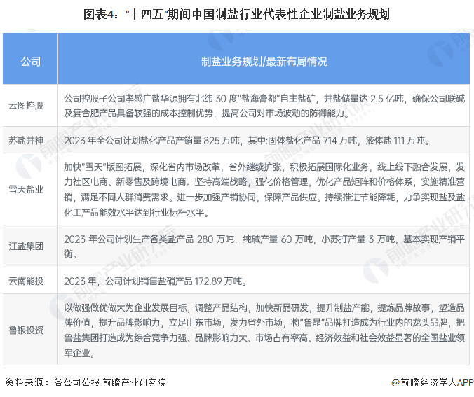 图表4：“十四五”期间中国制盐行业代表性企业制盐业务规划
