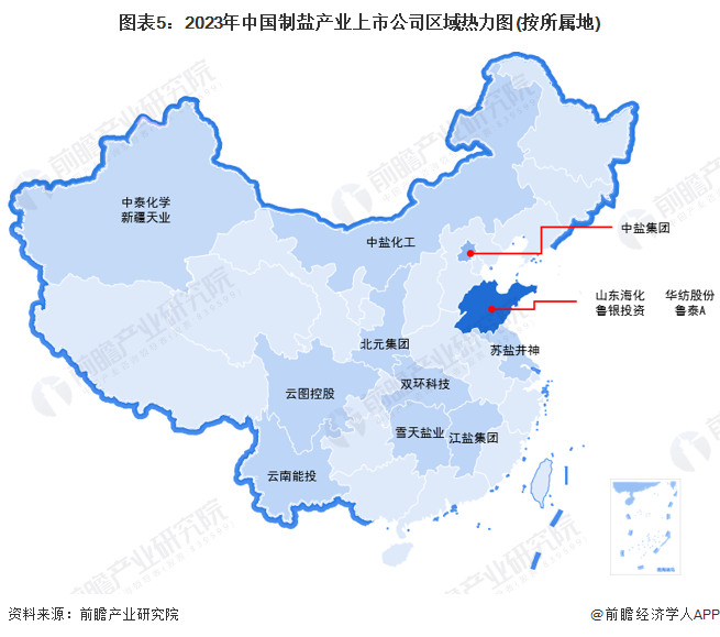 图表5：2023年中国制盐产业上市公司区域热力图(按所属地)