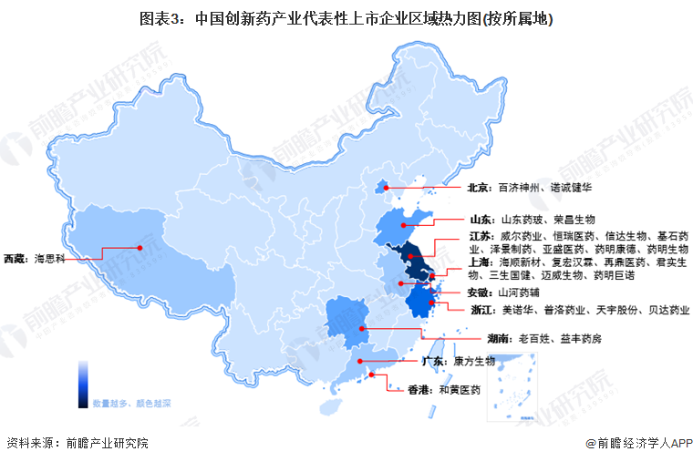 图表3：中国创新药产业代表性上市企业区域热力图(按所属地)
