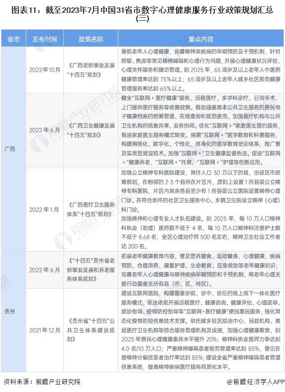 图表11：截至2023年7月中国31省市数字心理健康服务行业政策规划汇总(三)