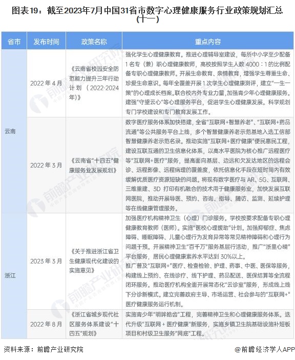 图表19：截至2023年7月中国31省市数字心理健康服务行业政策规划汇总(十一)