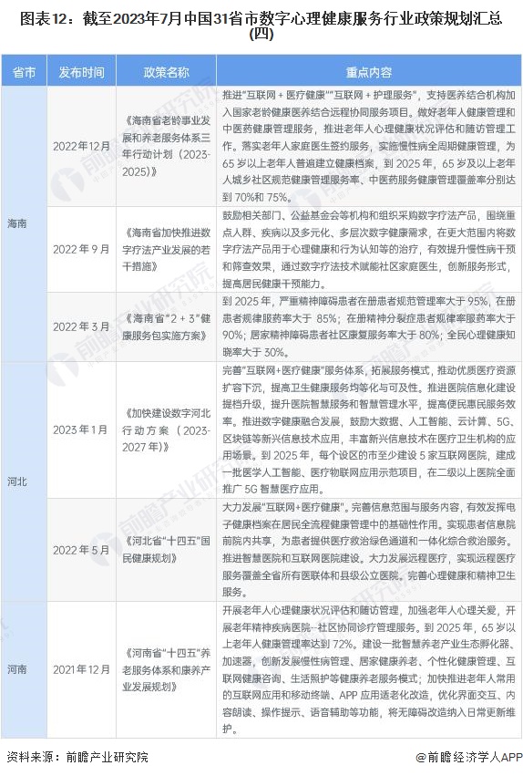 图表12：截至2023年7月中国31省市数字心理健康服务行业政策规划汇总(四)